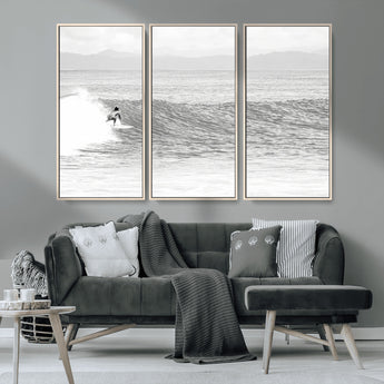 81535128-MGV-CV-36X24-Surfer Woman Wall Art Canvas Print, Framed Black Ocean Art Picture Print, Ocean Surfing Perfect Monochrome Coastal Decor Artwork