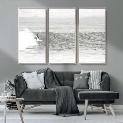 81535128-MGV-CV-36X24-Surfer Woman Wall Art Canvas Print, Framed Black Ocean Art Picture Print, Ocean Surfing Perfect Monochrome Coastal Decor Artwork