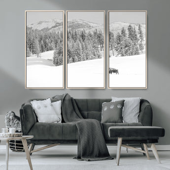 68081143-MGV-CV-36X24-Snowy Bison Wall Art Canvas Print, Framed Winter Forest Art Picture Print, Lone Bison Perfect Monochrome Winter Wild Decor Artwork