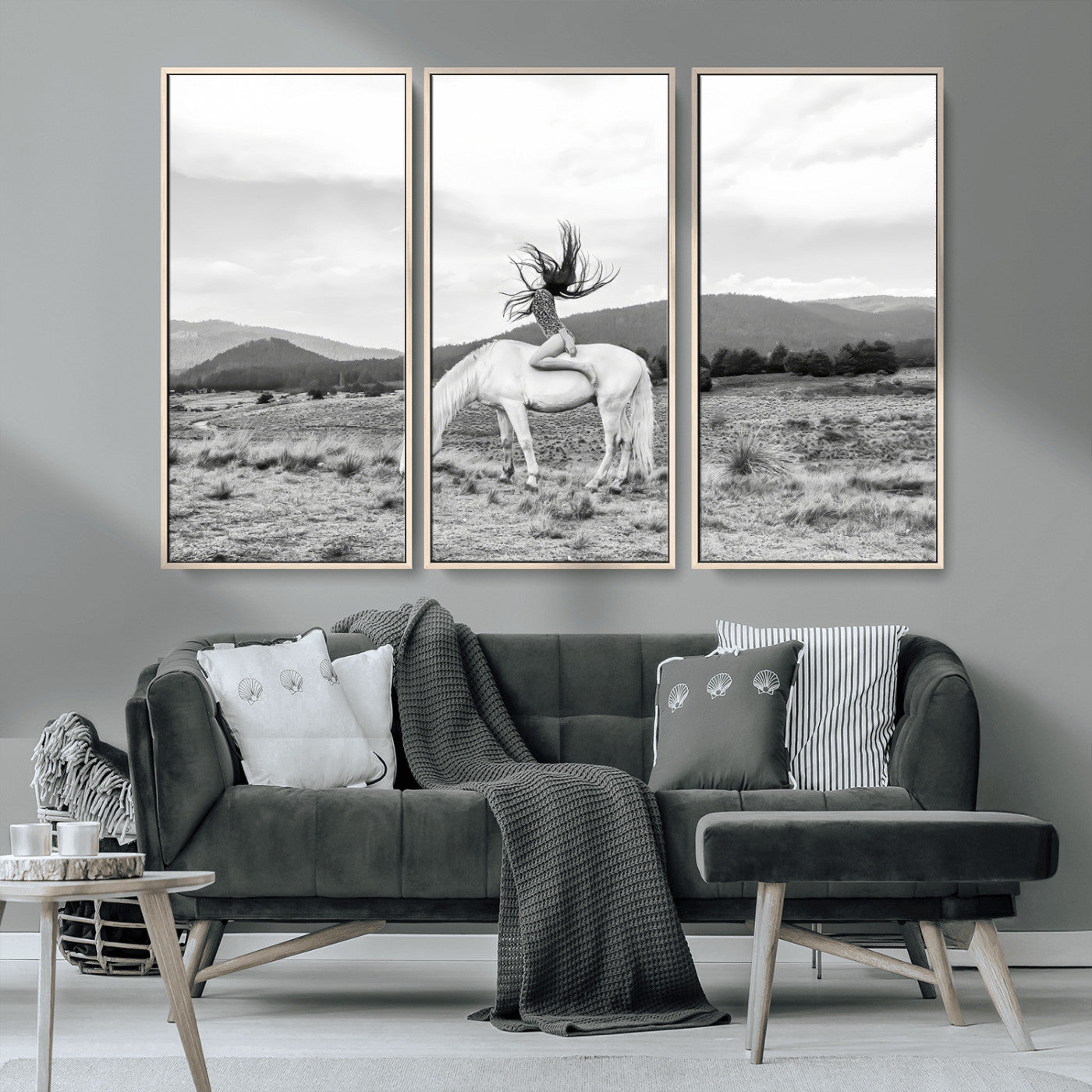 62789800-MGV-CV-36X24-White Horse Wall Art Canvas Print, Framed Woman Rider Art Picture Print, Equestrian Pose Perfect Western Boho Decor Artwork