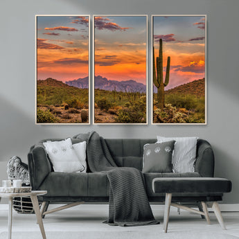 25332783-MGV-CV-36X24-Saguaro Cactus Wall Art Canvas Print, Framed Arizona Sunset Art Picture Print, Sonoran Desert Perfect Southwestern Boho Decor