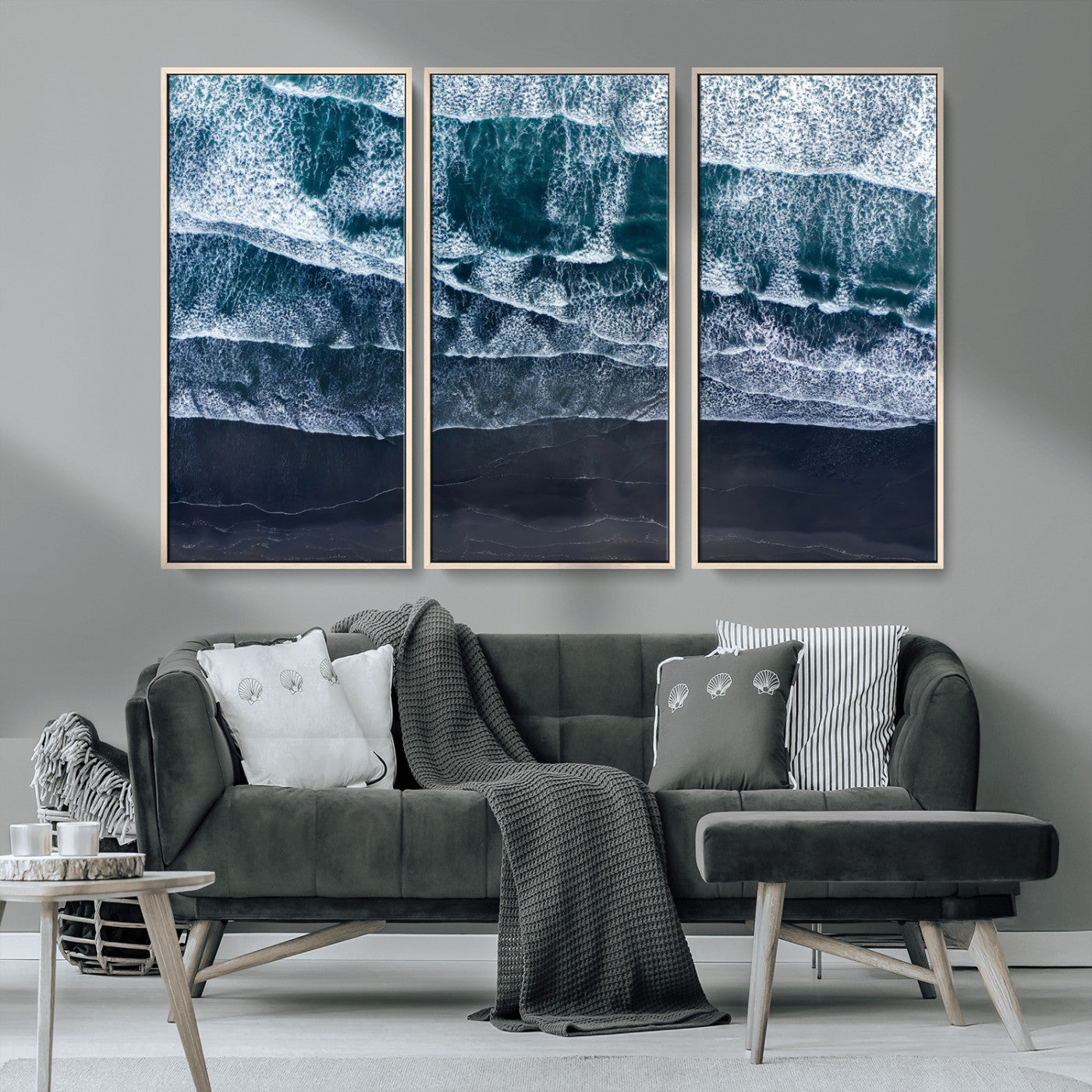 87941475-MGV-CV-36X24-Black Beach Wall Art Canvas Print, Framed Aerial Ocean Art Picture Print, Moody Coastal Perfect Modern Coastal Decor Artwork