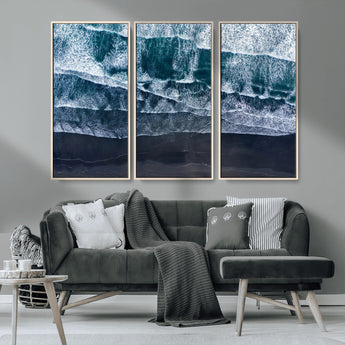 87941475-MGV-CV-36X24-Black Beach Wall Art Canvas Print, Framed Aerial Ocean Art Picture Print, Moody Coastal Perfect Modern Coastal Decor Artwork