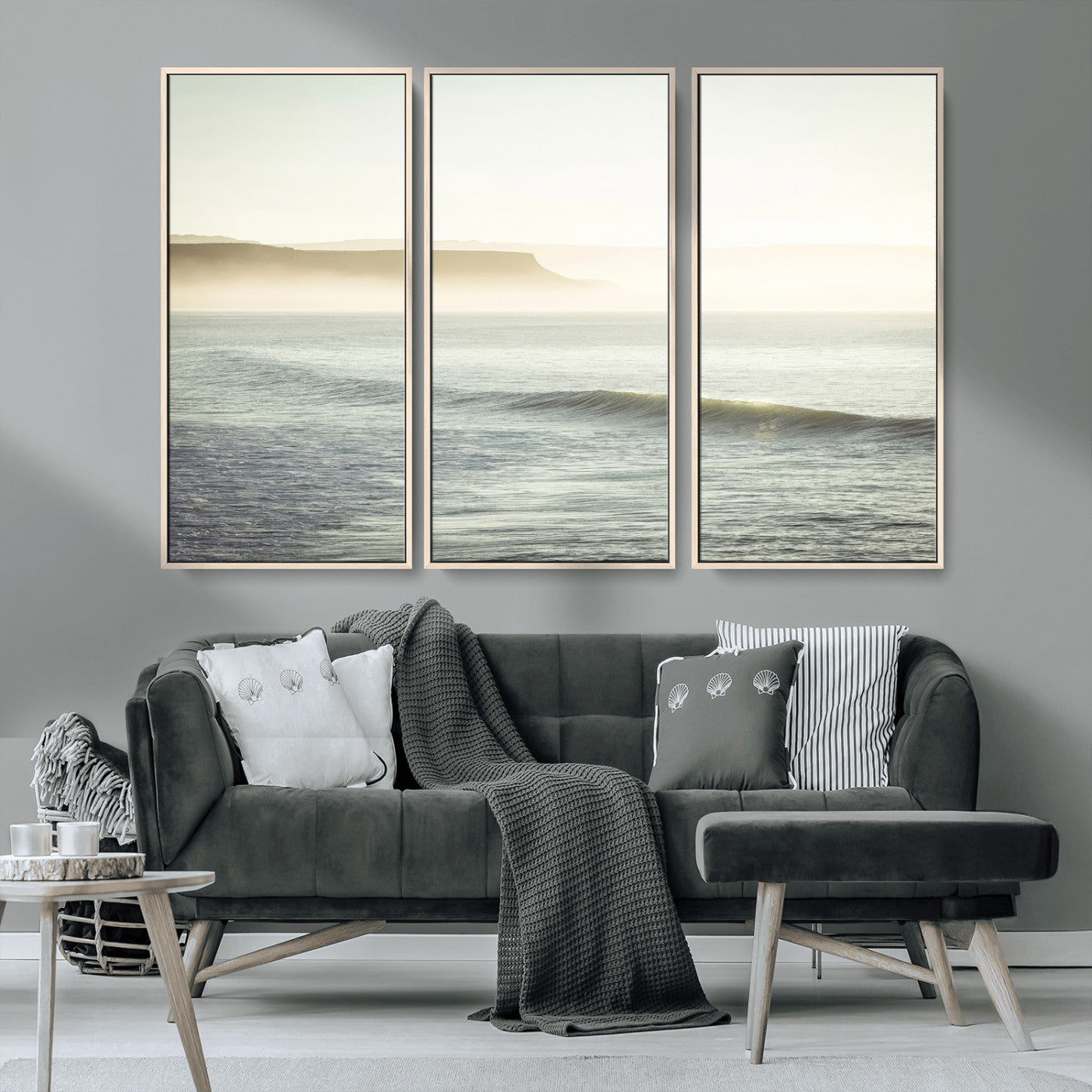39310633-MGV-CV-36X24-Coastal Cliffs Wall Art Canvas Print, Framed Misty Ocean Art Picture Print, Morning Light Perfect Minimalistic Coastal Decor