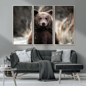 47112103-MGV-CV-36X24-Brown Bear Wall Art Canvas Print, Framed Forest Wildlife Art Picture Print, Woodland Bear Perfect Rustic Cabin Decor Artwork