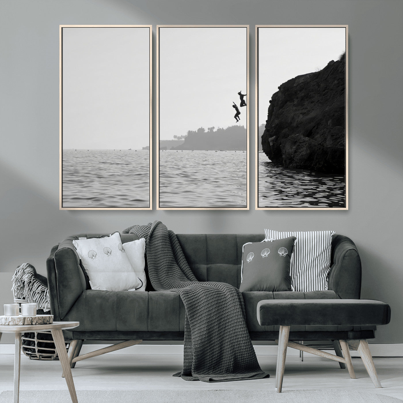52284302-MGV-FC-48X32-3P_Natural-Cliff Jumping Wall Art Canvas Print, Framed Ocean Adventure Art Picture Print, Black White Coast Perfect Modern Coastal Decor