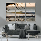 24896468-MGV-CV-36X24-Sunset Surf Wall Art Canvas Print, Framed Golden Waves Art Picture Print, Tropical Ocean Perfect Tropical Boho Decor Artwork