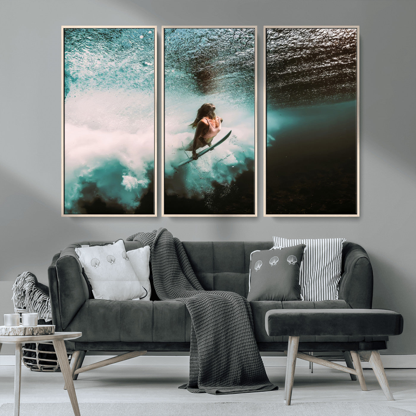 85923512-MGV-CV-36X24-Aquatic Motion Wall Art Canvas Print, Framed Underwater Swimming Art Picture Print, Female Surfer Diving Perfect Coastal Boho