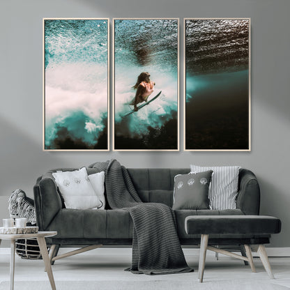 85923512-MGV-CV-36X24-Aquatic Motion Wall Art Canvas Print, Framed Underwater Swimming Art Picture Print, Female Surfer Diving Perfect Coastal Boho