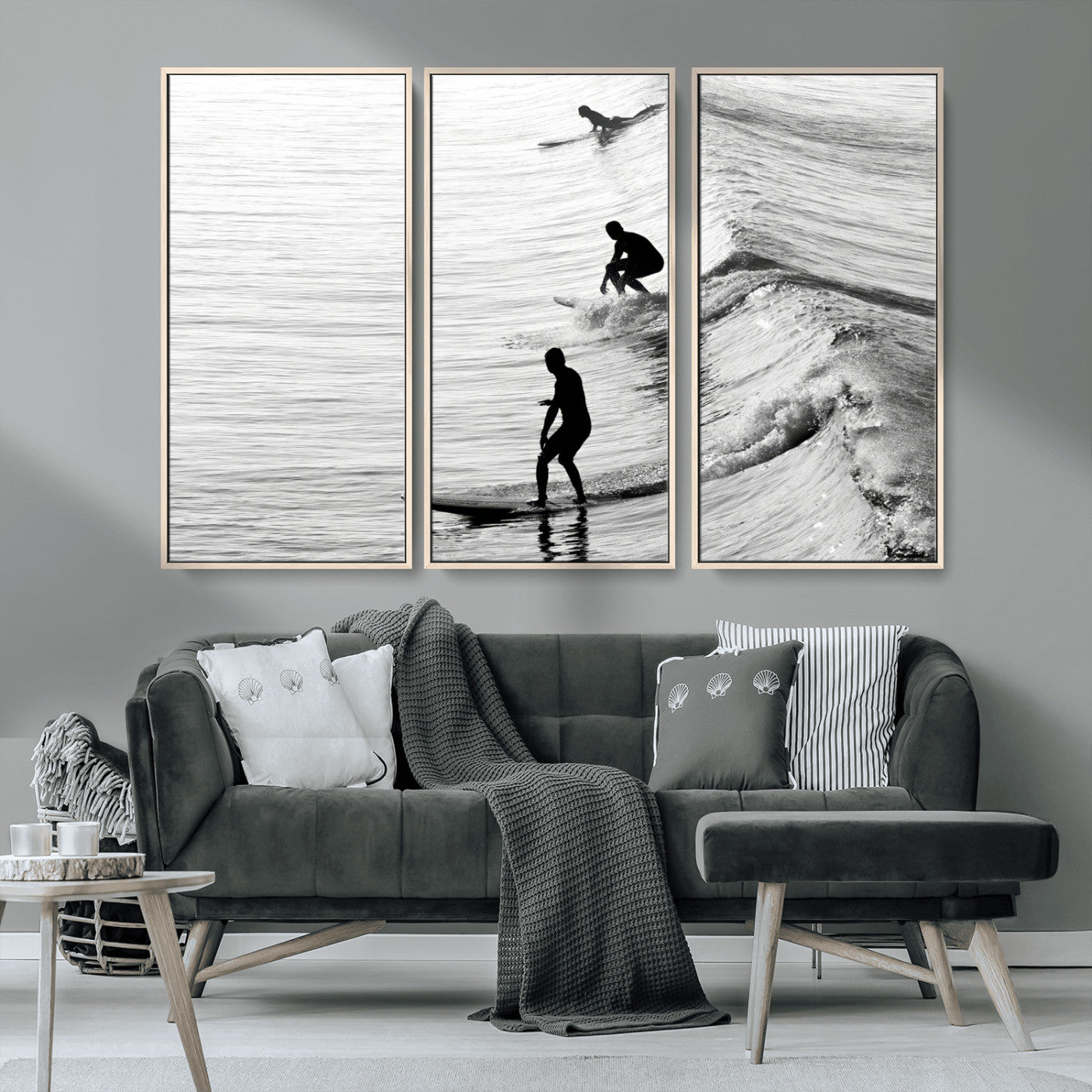 19875284-MGV-CV-36X24-Surfer Waves Wall Art Canvas Print, Framed Black White Surf Art Picture Print, Monochrome Ocean Perfect Modern Coastal Decor
