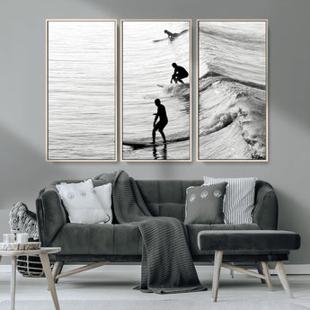 19875284-MGV-CV-36X24-Surfer Waves Wall Art Canvas Print, Framed Black White Surf Art Picture Print, Monochrome Ocean Perfect Modern Coastal Decor