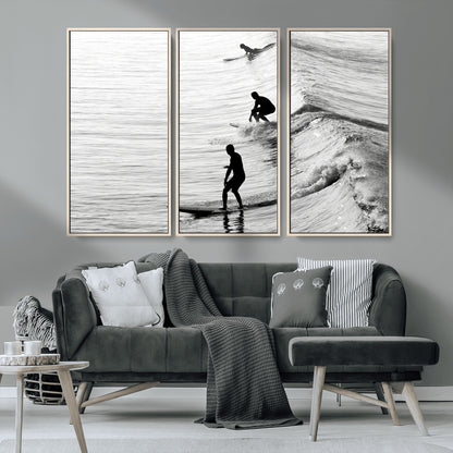 19875284-MGV-CV-36X24-Surfer Waves Wall Art Canvas Print, Framed Black White Surf Art Picture Print, Monochrome Ocean Perfect Modern Coastal Decor