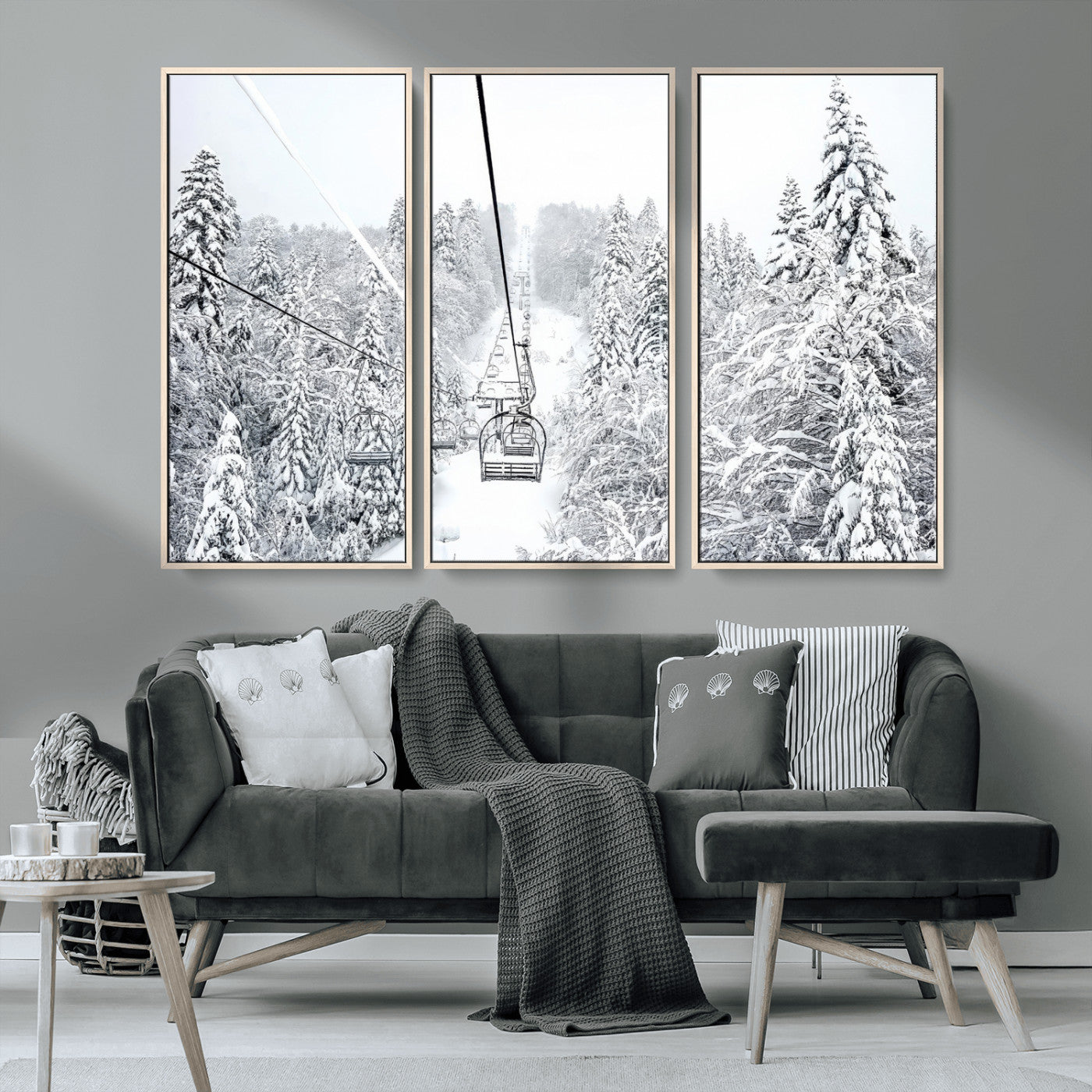 44705668-MGV-CV-36X24-Winter Forest Wall Art Canvas Print, Framed Snowy Forest Art Picture Print, Ski Lift Perfect Scandinavian Decor Artwork