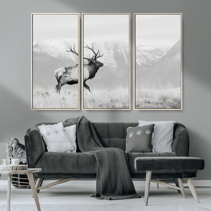 62278753-MGV-CV-36X24-Monochrome Elk Wall Art Canvas Print, Framed Mountain Wildlife Art Picture Print, Rustic Nature Perfect Rustic Minimalist Decor