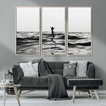 69541918-MGV-CV-36X24-Black White Ocean Wall Art Canvas Print, Framed Moody Seascape Art Picture Print, Surfer Sign Perfect Moody Minimalist Decor