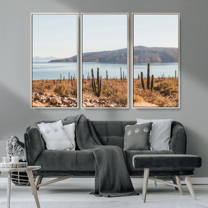 45193515-MGV-CV-36X24-Desert Cactus Wall Art Canvas Print, Framed Baja Coastline Art Picture Print, Coastal Desert Perfect Southwestern Minimalist Decor