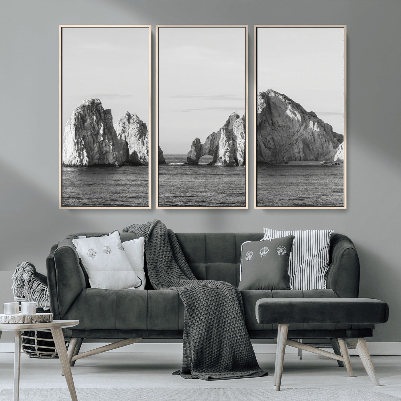 18810731-MGV-CV-36X24-Rugged Coastline Wall Art Canvas Print, Framed Ocean Cliffs Art Picture Print, Monochrome Seascape Perfect Coastal Minimalist
