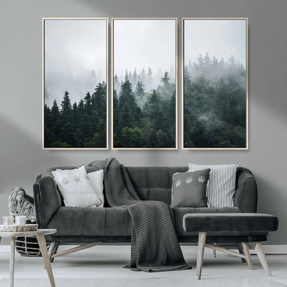 84146572-MGV-CV-36X24-Foggy Pine Trees Wall Art Canvas Print, Framed Forest Nature Art Picture Print, Evergreen Forest Perfect Scandinavian Minimalist