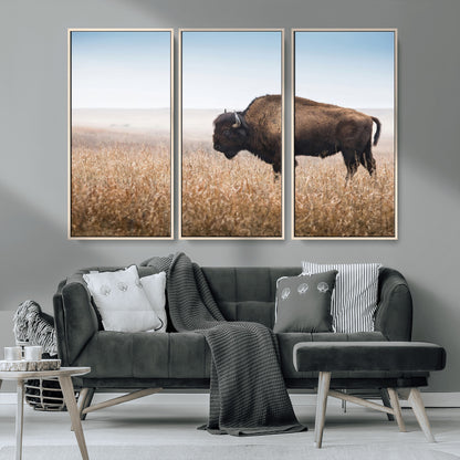 99620201-MGV-CV-36X24-Wild Bison Wall Art Canvas Print, Framed Bison in Prairie Art Picture Print, Rustic Western Perfect Rustic Western Decor Artwork