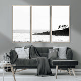 40875891-MGV-CV-36X24-SurferCliffs Wall Art Canvas Print, Framed Black White Beach Art Picture Print, Ocean Waves Perfect Minimalist Coastal Decor