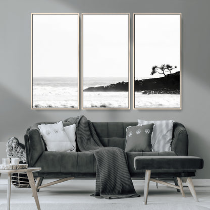 40875891-MGV-CV-36X24-SurferCliffs Wall Art Canvas Print, Framed Black White Beach Art Picture Print, Ocean Waves Perfect Minimalist Coastal Decor