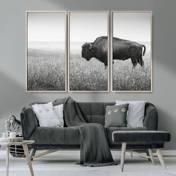 28435251-MGV-CV-36X24-Bison In Prairie Wall Art Canvas Print, Framed Rustic Wildlife Art Picture Print, Wild Buffalo Perfect Rustic Western Decor