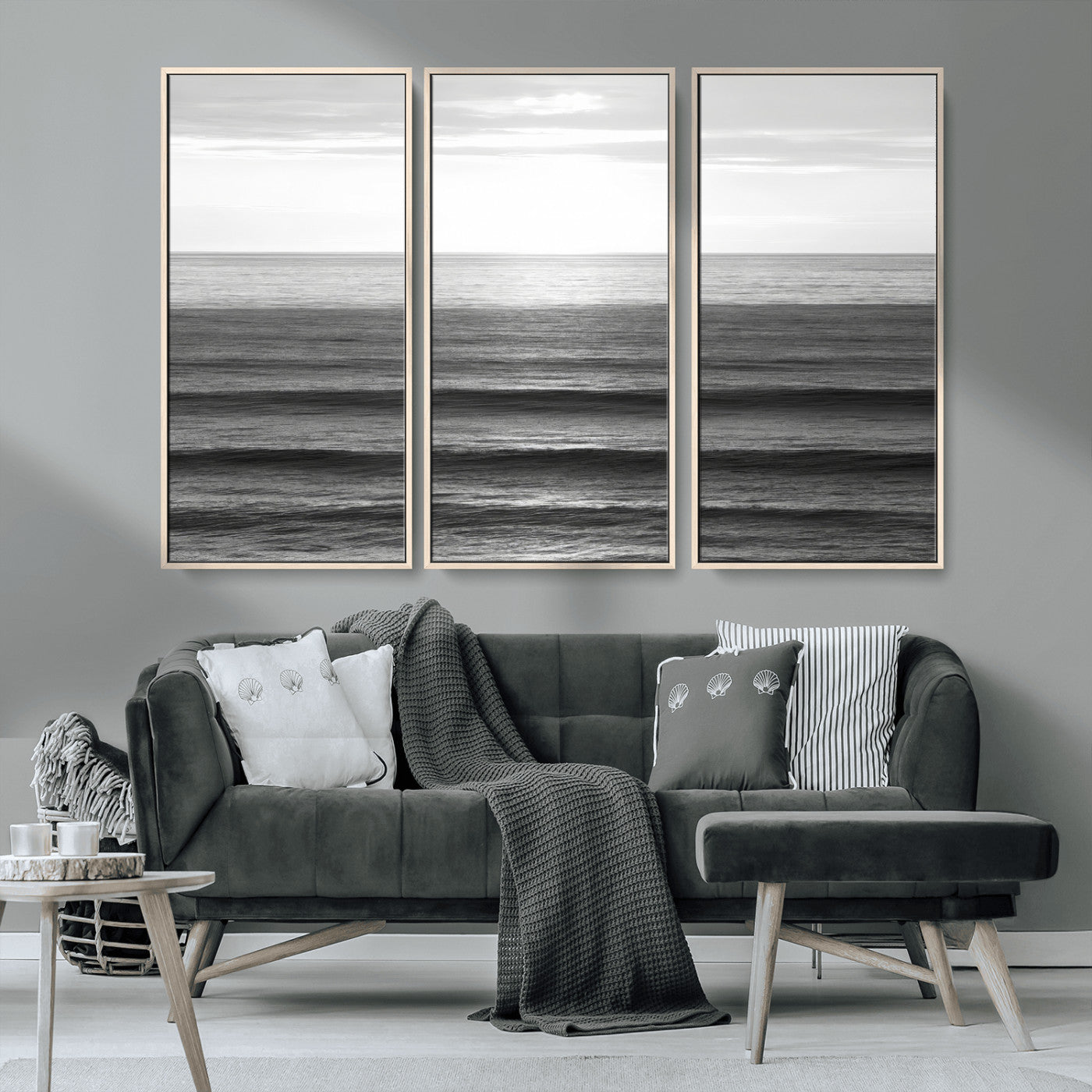 47305203-MGV-CV-36X24-Monochrome Ocean Wall Art Canvas Print, Framed Moody Ocean Art Picture Print, Calm Ocean Perfect Minimalist Coastal Decor Artwork