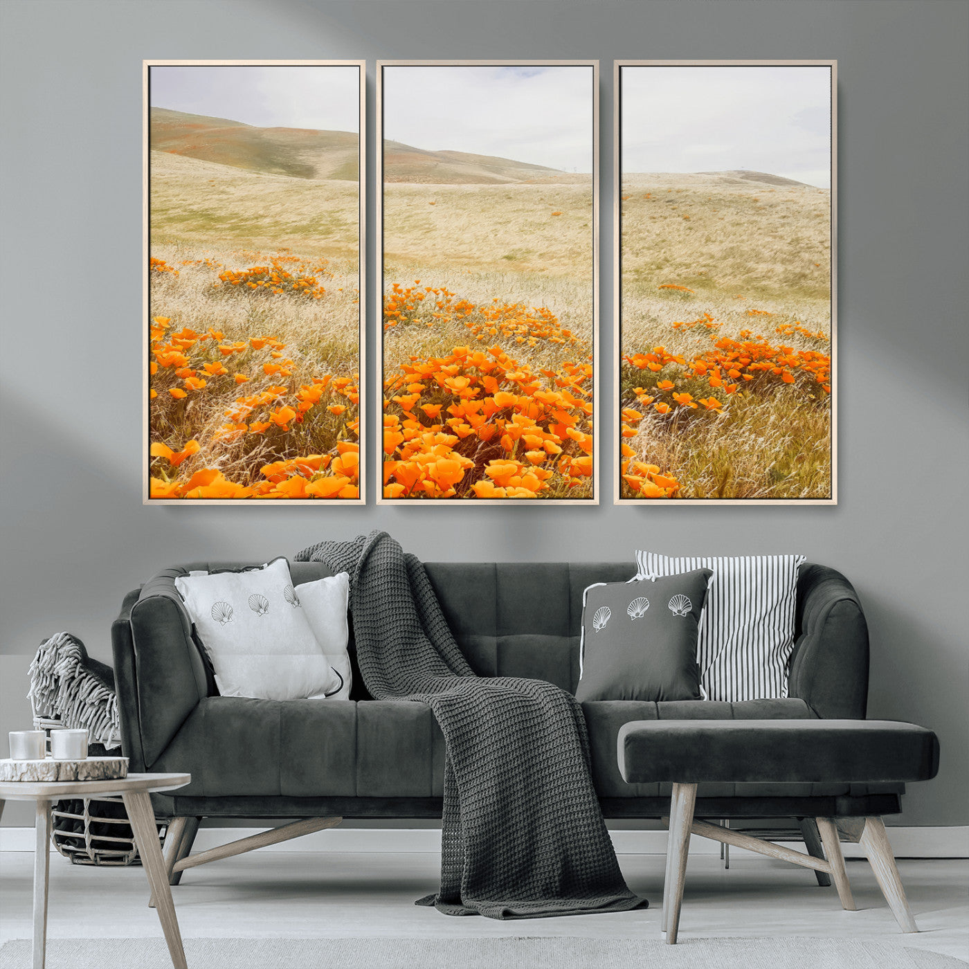 28972262-MGV-CV-36X24-Golden Wildflowers Wall Art Canvas Print, Framed Hills Bloom Art Picture Print, Poppy Meadow Perfect Rustic Nature Decor Artwork