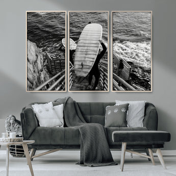 32353707-MGV-CV-36X24-Black White Surfing Wall Art Canvas Print, Framed Coastal Surfing Art Picture Print, Wave Riders Perfect Coastal Adventure Decor