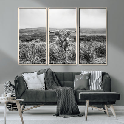 24051061-MGV-CV-36X24-Monochrome Highland Cow Wall Art Canvas Print, Framed Scottish Bull Art Picture Print, Lone Cattle Perfect Rustic Farmhouse Decor