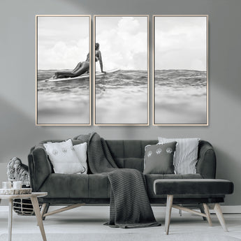 69798068-MGV-CV-36X24-Black White Surfing Wall Art Canvas Print, Framed Ocean Horizon Art Picture Print, Surfer Girl Perfect Coastal Adventure Decor