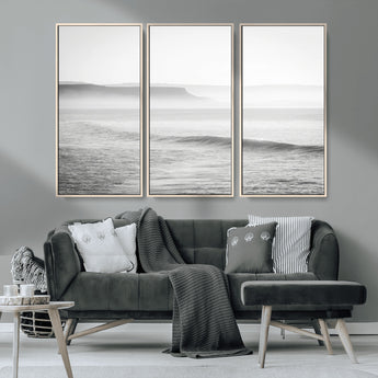 60635783-MGV-CV-36X24-Black White Seascape Wall Art Canvas Print, Framed Ocean Waves Art Picture Print, Misty Coastal Perfect Minimalist Coastal Decor