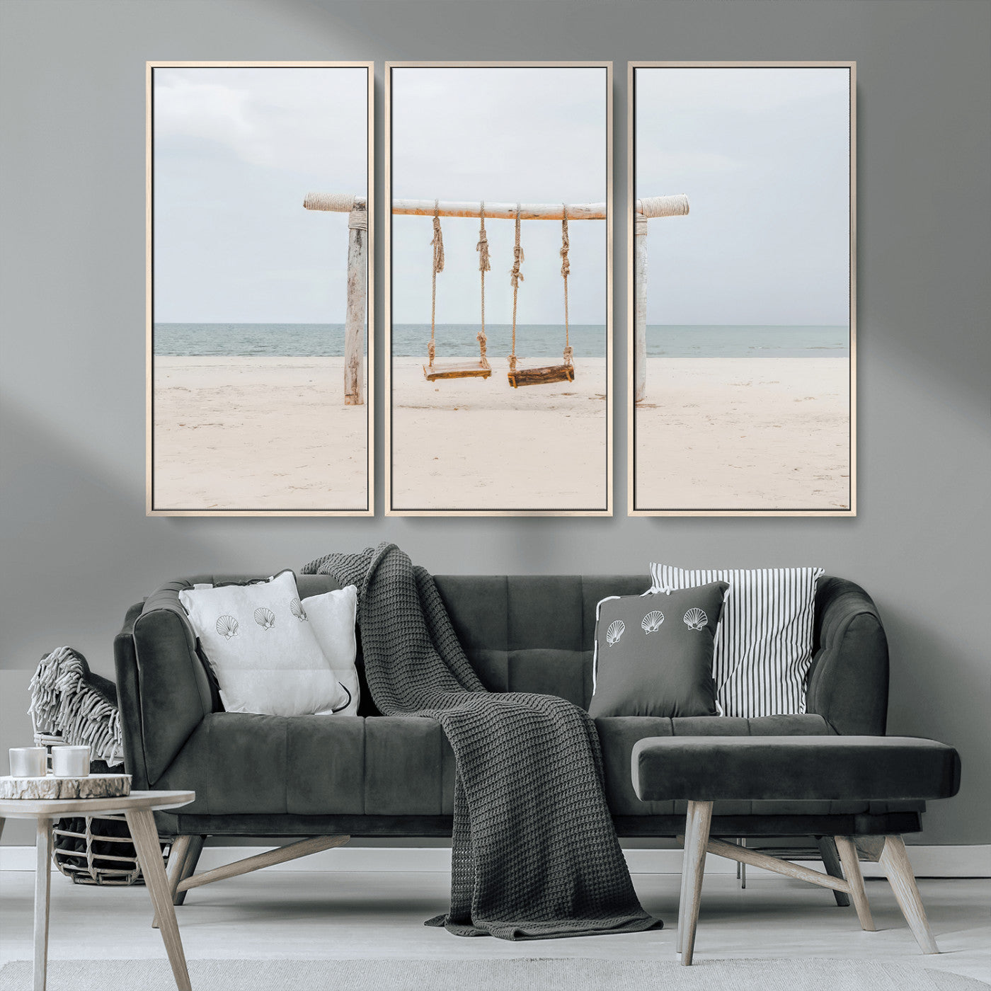 68327283-MGV-CV-36X24-Beach Swing Wall Art Canvas Print, Framed Quiet Beach Art Picture Print, Calm Shoreline Perfect Bohemian Coastal Decor Artwork