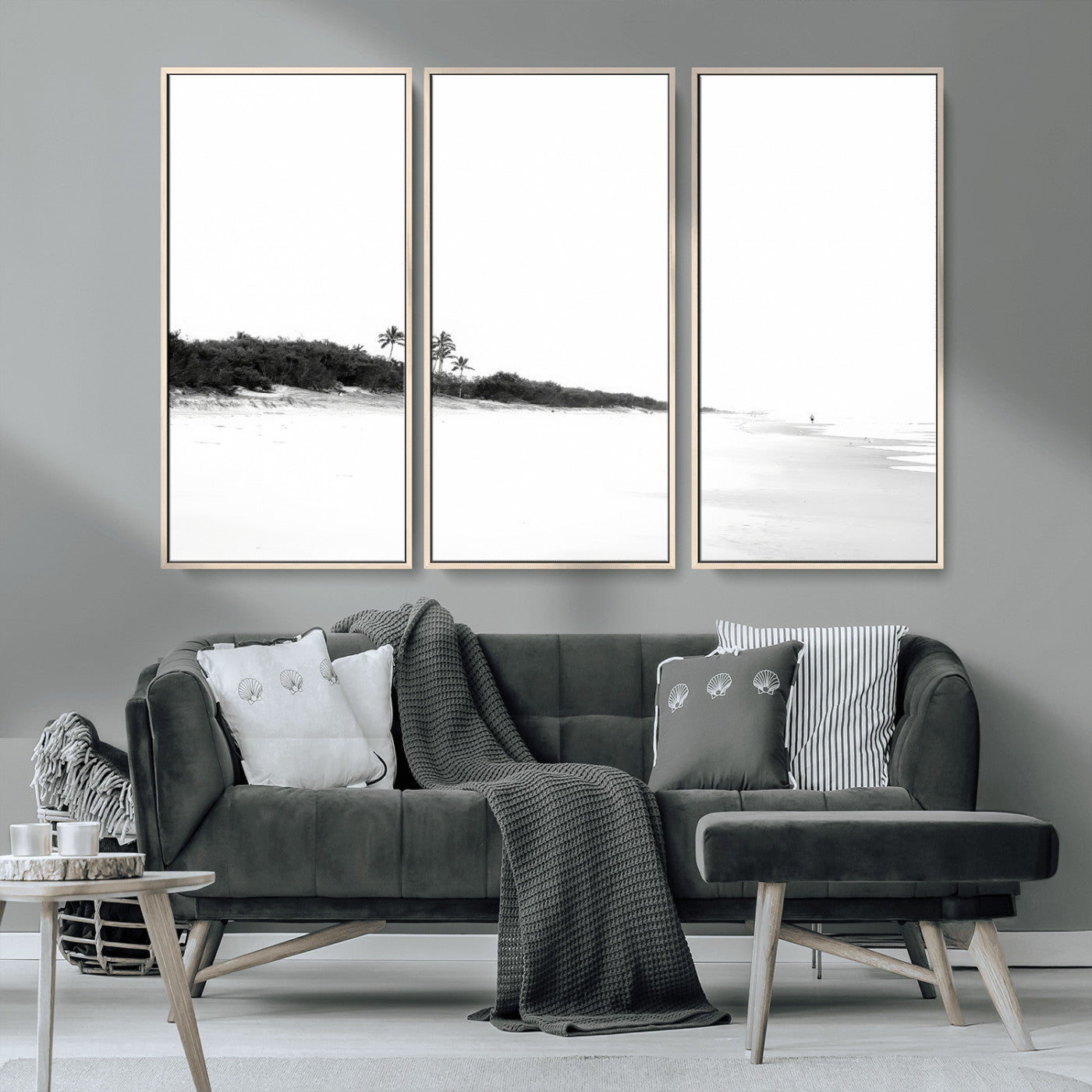 29611516-MGV-CV-36X24-Black White Beach Wall Art Canvas Print, Framed Palm Trees Art Picture Print, Monochrome Tropical Perfect Minimalist Coastal Decor