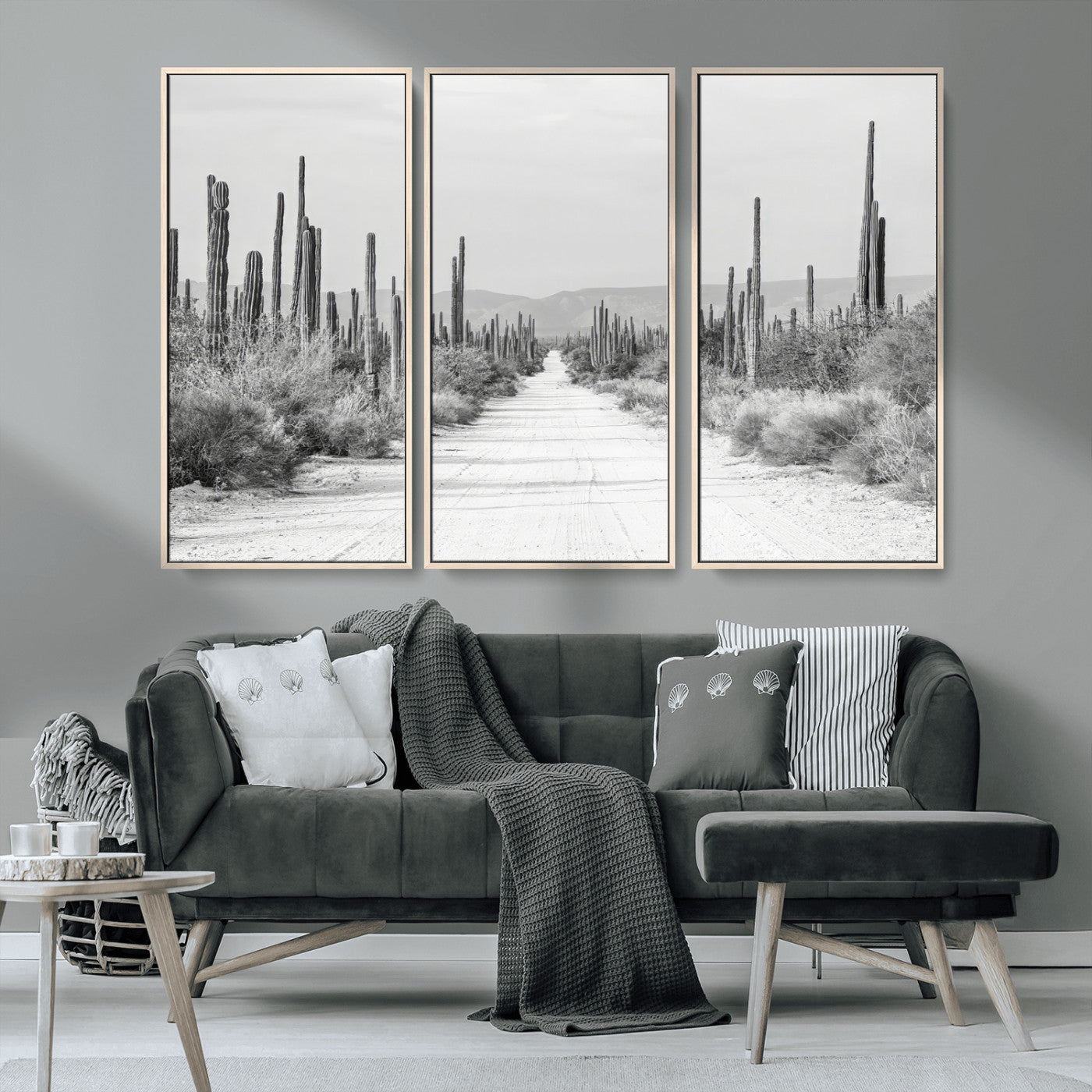 35537313-MGV-CV-36X24-Monochrome Desert Wall Art Canvas Print, Framed Cactus Path Art Picture Print, Southwestern Landscape Perfect Southwestern