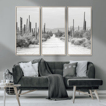 35537313-MGV-CV-36X24-Monochrome Desert Wall Art Canvas Print, Framed Cactus Path Art Picture Print, Southwestern Landscape Perfect Southwestern