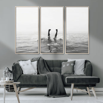 26667396-MGV-CV-36X24-Black White Ocean Wall Art Canvas Print, Framed Monochrome Water Art Picture Print, Diving into Water Perfect Minimalist Aquatic