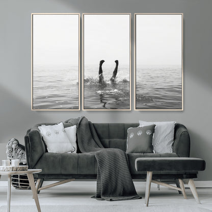 26667396-MGV-CV-36X24-Black White Ocean Wall Art Canvas Print, Framed Monochrome Water Art Picture Print, Diving into Water Perfect Minimalist Aquatic