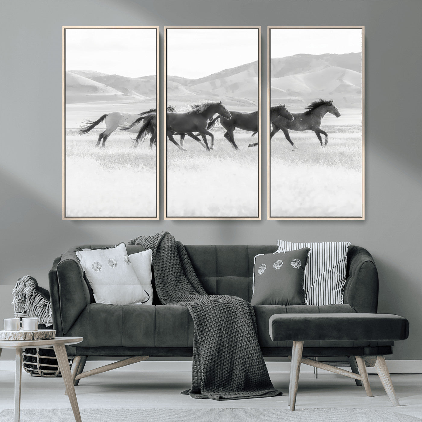 69934913-MGV-CV-36X24-Wild Horses Running Wall Art Canvas Print, Framed Black White Mustangs Art Picture Print, Rustic Western Perfect Rustic Western