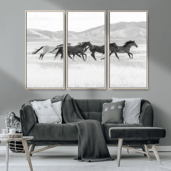 69934913-MGV-CV-36X24-Wild Horses Running Wall Art Canvas Print, Framed Black White Mustangs Art Picture Print, Rustic Western Perfect Rustic Western