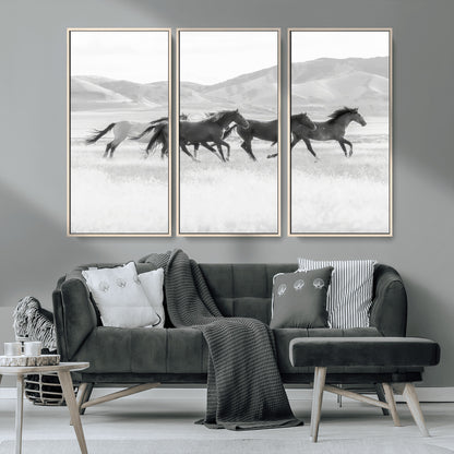 69934913-MGV-CV-36X24-Wild Horses Running Wall Art Canvas Print, Framed Black White Mustangs Art Picture Print, Rustic Western Perfect Rustic Western