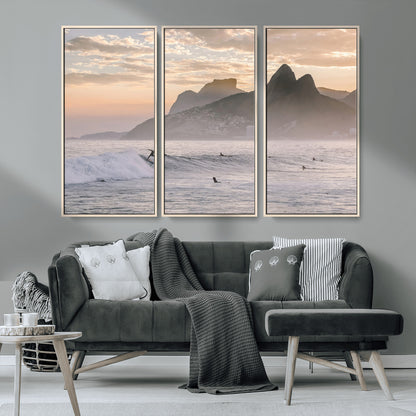 70644906-MGV-CV-36X24-Sunset Surfing Wall Art Canvas Print, Framed Misty Mountains Art Picture Print, Surfer Riding Wave Perfect Coastal Adventure Decor