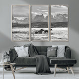 21655040-MGV-CV-36X24-Wild Horses Wall Art Canvas Print, Framed Black White Mountains Art Picture Print, Rustic Countryside Perfect Rustic Western Decor