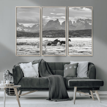 21655040-MGV-CV-36X24-Wild Horses Wall Art Canvas Print, Framed Black White Mountains Art Picture Print, Rustic Countryside Perfect Rustic Western Decor
