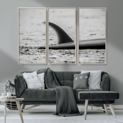 62314230-MGV-FC-48X32-3P_Natural-Black White Surfboard Wall Art Canvas Print, Framed Minimalist Beach Art Picture Print, Surf Fin Perfect Minimalist Coastal Decor