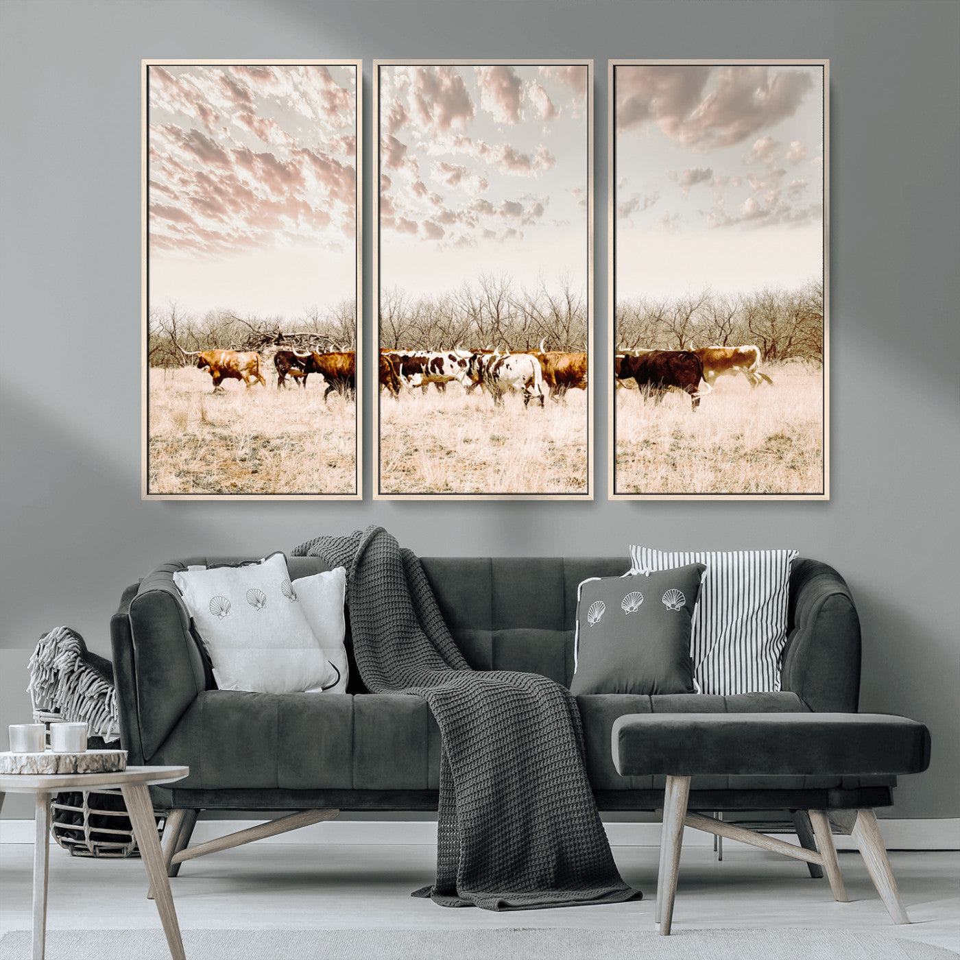 64892775-MGV-CV-36X24-Longhorn Cattle Wall Art Canvas Print, Framed Texas Ranch Art Picture Print, Western Cow Perfect Western Decor Artwork