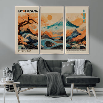 22373530-MGV-CV-36X24-Japanese Mt Fuji Wave Art Print – Ukiyo e Inspired Sun & Cherry Blossom Poster, Traditional Asian Landscape Painting, Modern