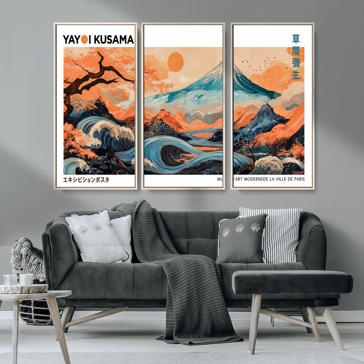 88785870-MGV-CV-36X24-Japanese Great Wave & Mt Fuji Wall Art – Ukiyo e Style Landscape Print with Flowing River, Autumn Mountain Poster, Oriental Asian