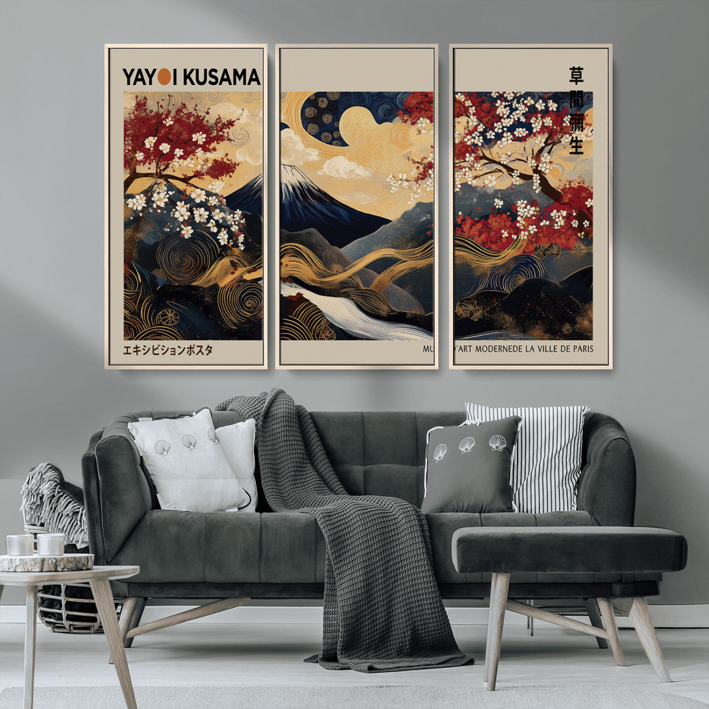 54967195-MGV-CV-36X24-Mount Fuji Wall Art – Japanese Cherry Blossom Abstract Canvas Print, Navy Gold Landscape Painting, Oriental Luxury Home Decor