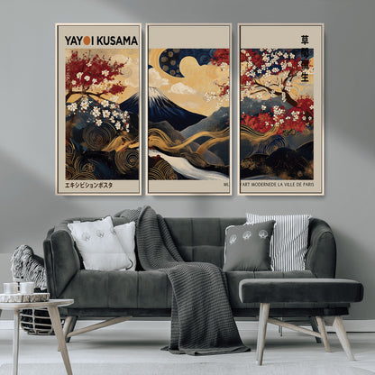 54967195-MGV-CV-36X24-Mount Fuji Wall Art – Japanese Cherry Blossom Abstract Canvas Print, Navy Gold Landscape Painting, Oriental Luxury Home Decor